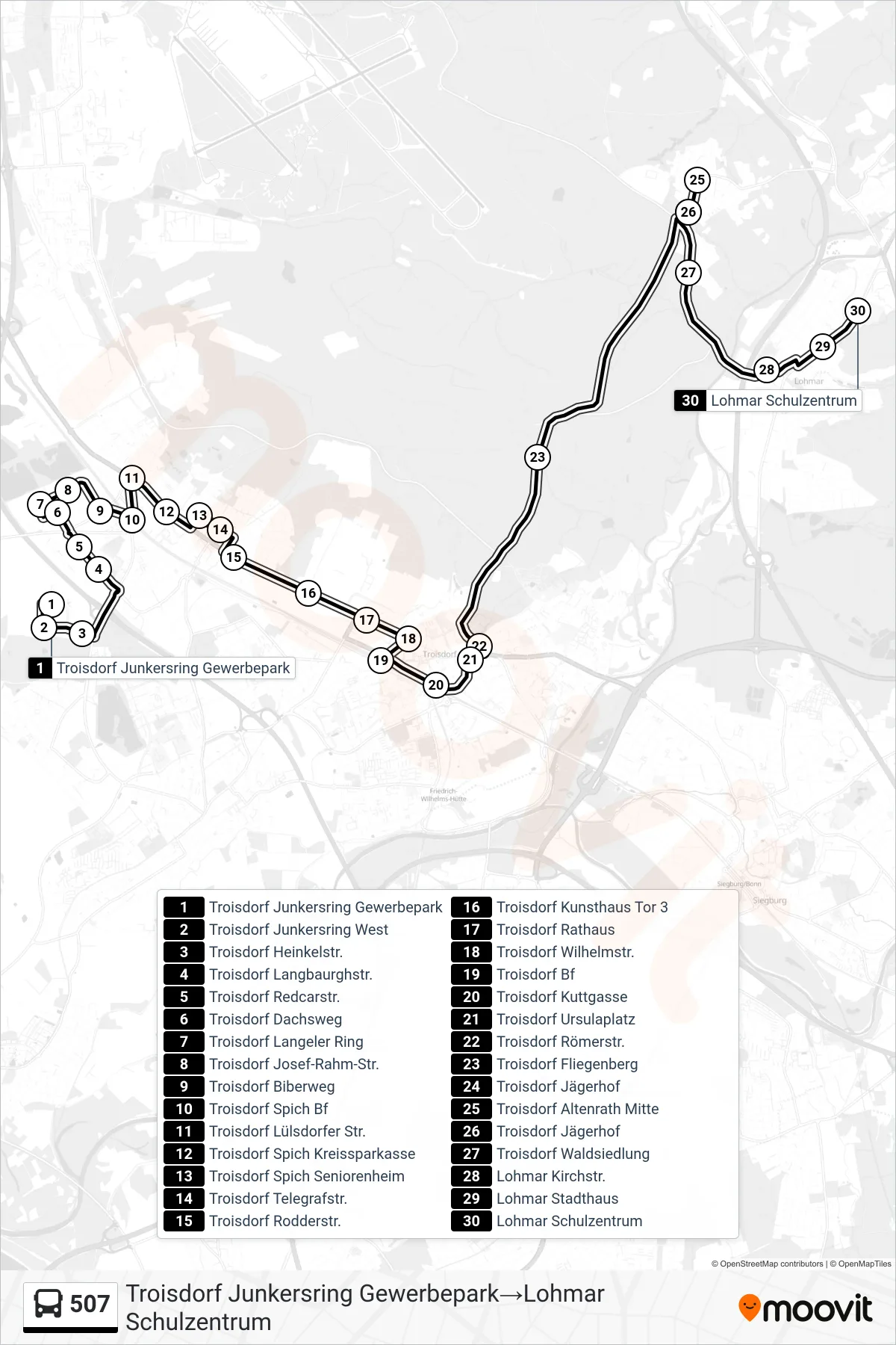 Linie 507 (Bus) Richtung Troisdorf Junkersring Gewerbepark→Lohmar Schulzentrum: Route und Haltestellen auf der Karte