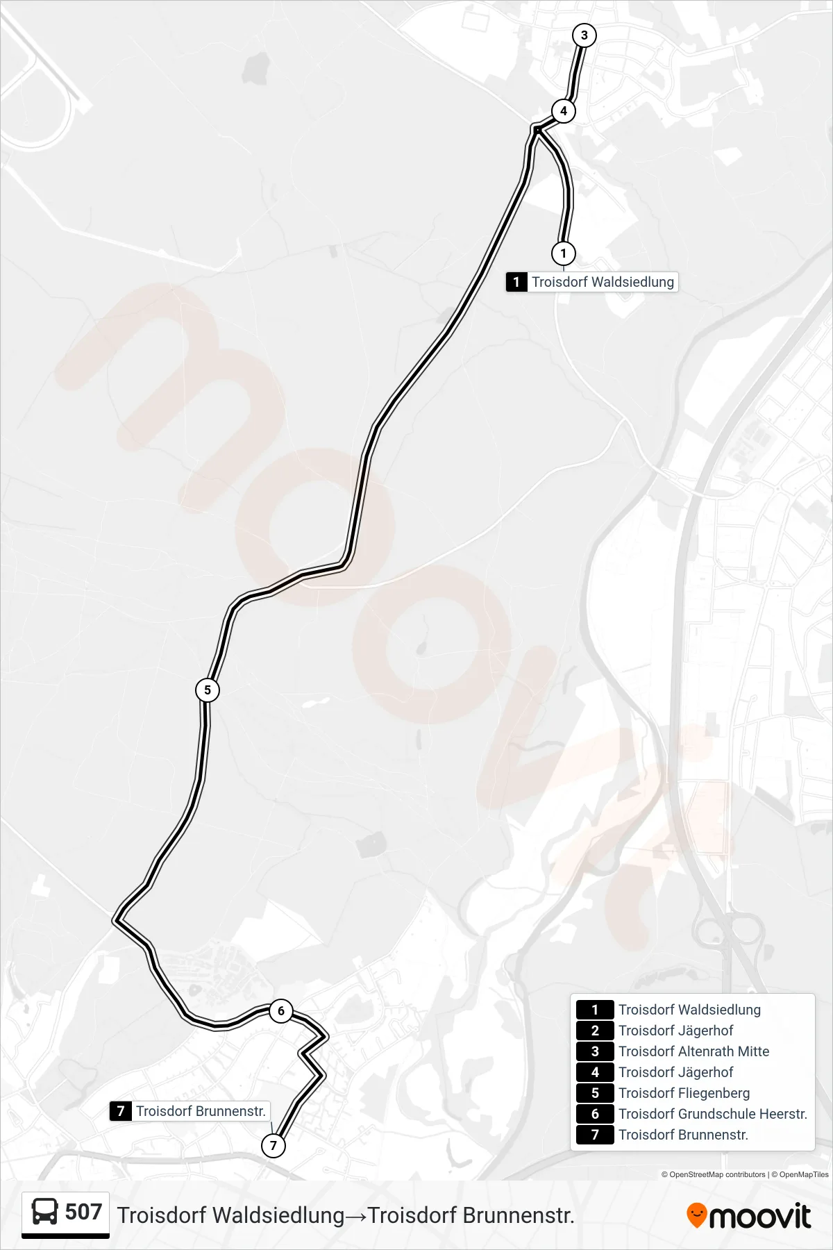 Linie 507 (Bus) Richtung Troisdorf Waldsiedlung→Troisdorf Brunnenstr.: Route und Haltestellen auf der Karte