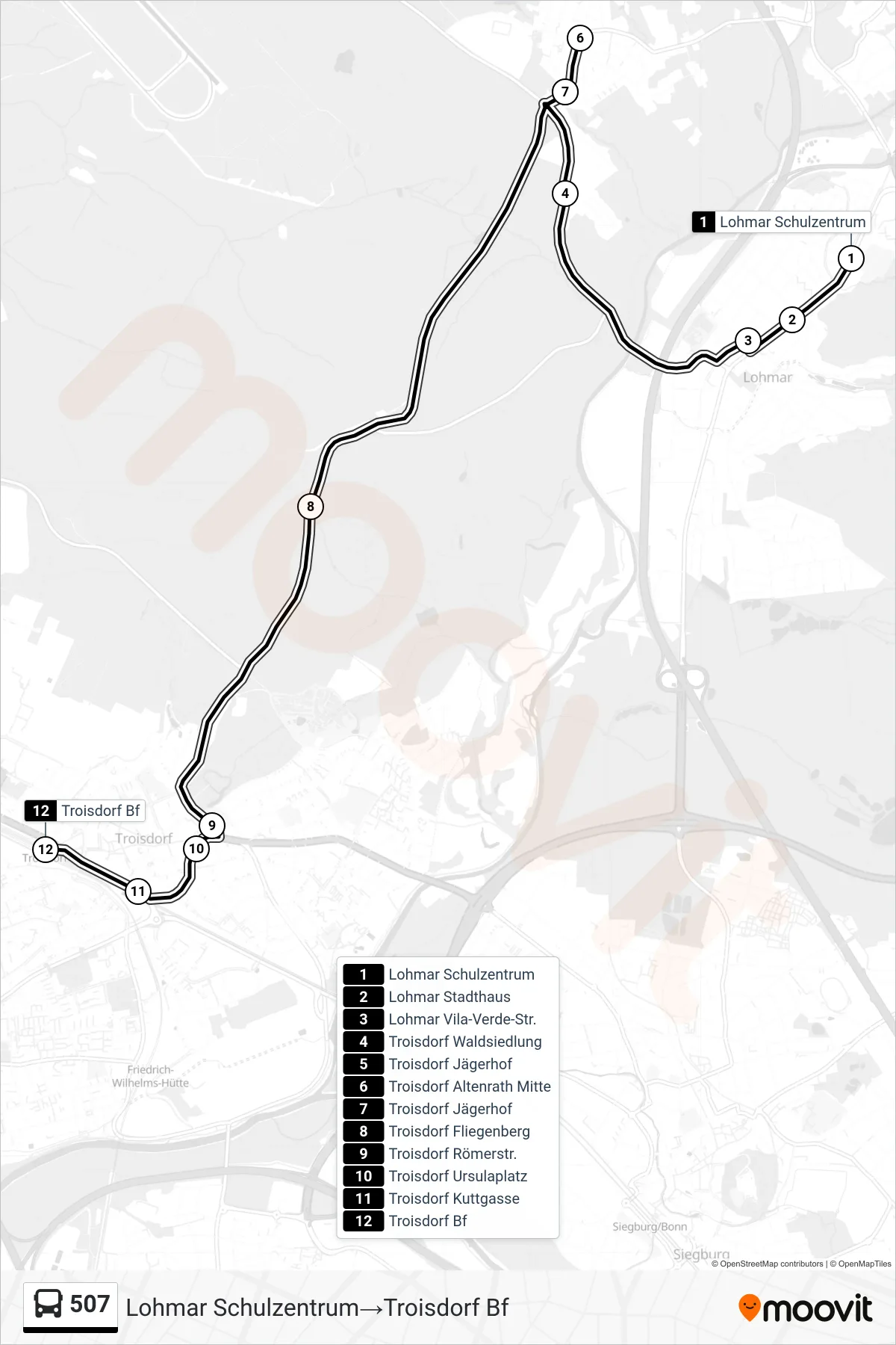 Linie 507 (Bus) Richtung Lohmar Schulzentrum→Troisdorf Bf: Route und Haltestellen auf der Karte