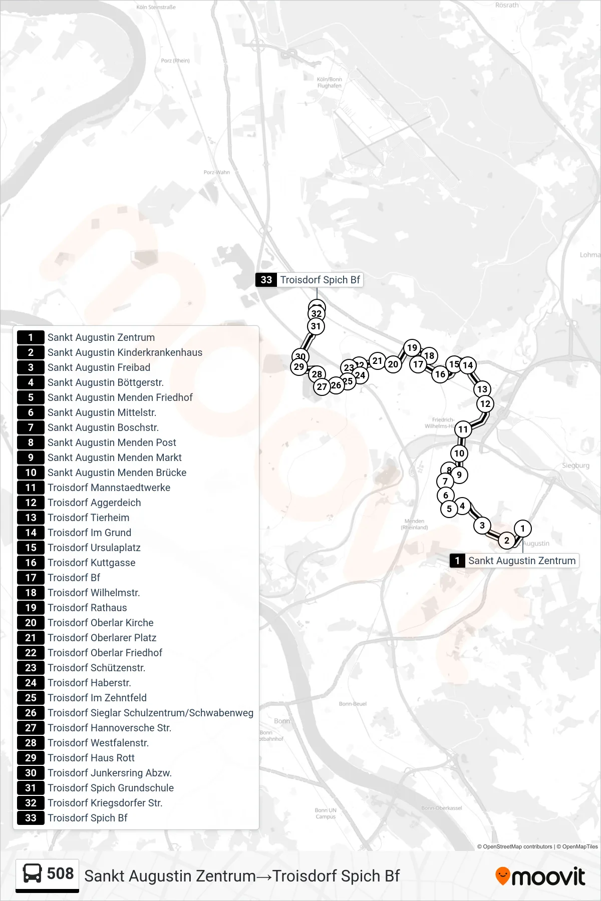 Linie 508 (Bus) Richtung Sankt Augustin Zentrum→Troisdorf Spich Bf: Route und Haltestellen auf der Karte