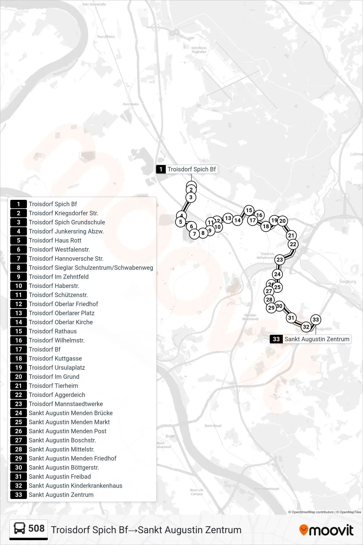 Linie 508 (Bus) Richtung Troisdorf Spich Bf→Sankt Augustin Zentrum: Route und Haltestellen auf der Karte