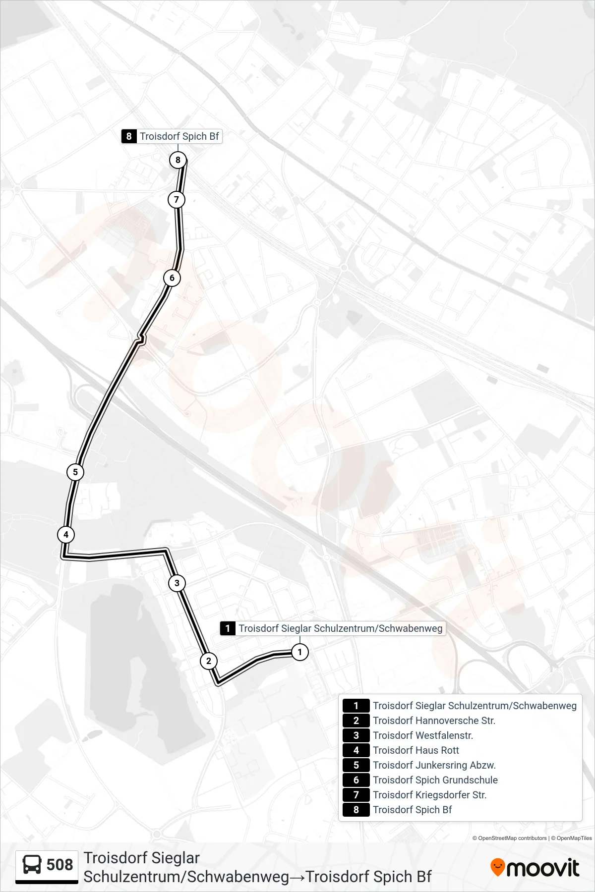 Linie 508 (Bus) Richtung Troisdorf Sieglar Schulzentrum/Schwabenweg→Troisdorf Spich Bf: Route und Haltestellen auf der Karte