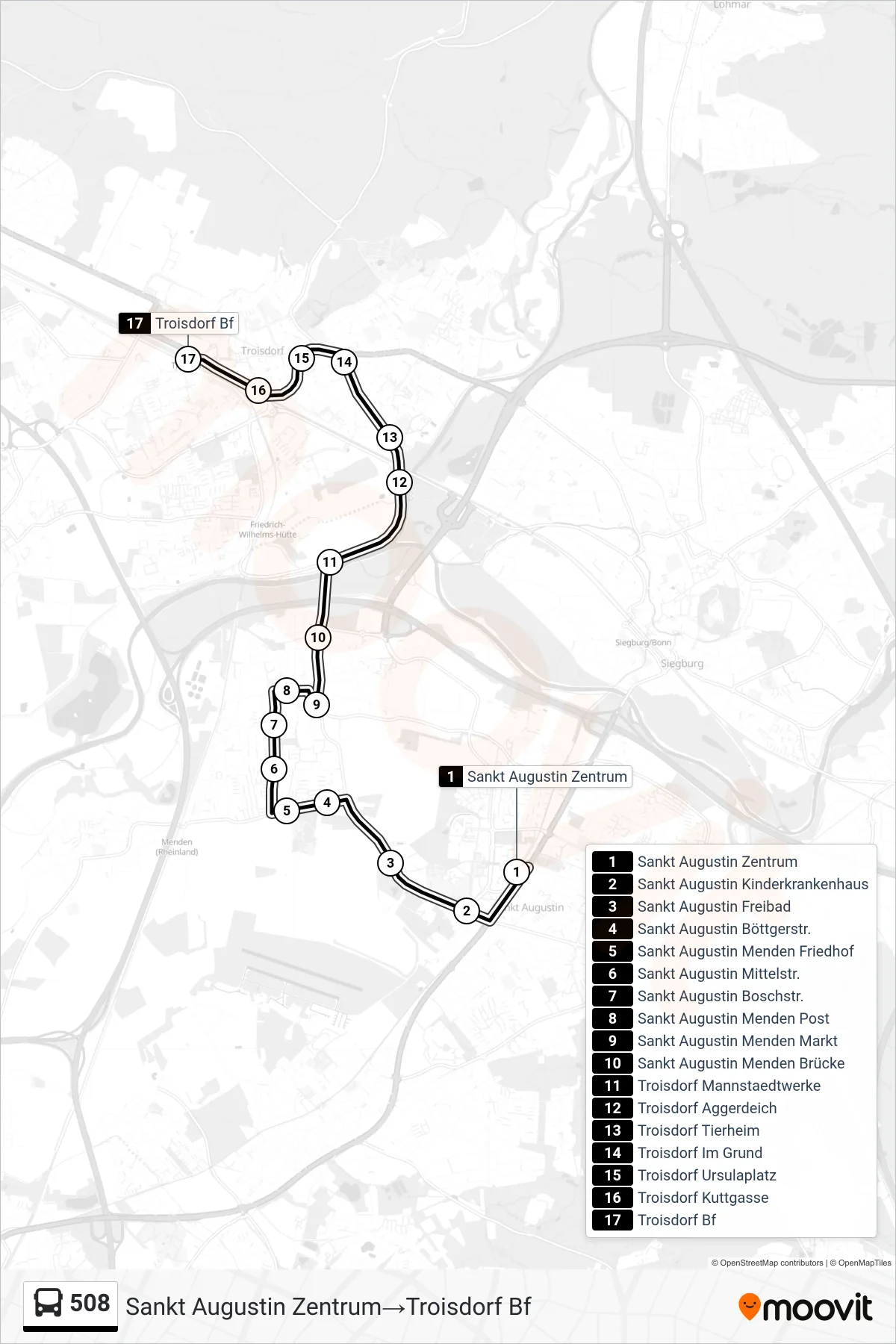 Linie 508 (Bus) Richtung Sankt Augustin Zentrum→Troisdorf Bf: Route und Haltestellen auf der Karte