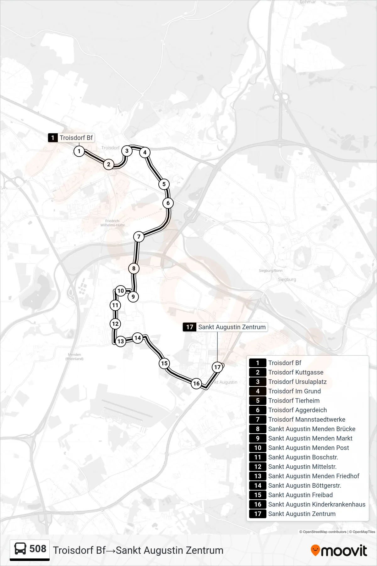 Linie 508 (Bus) Richtung Troisdorf Bf→Sankt Augustin Zentrum: Route und Haltestellen auf der Karte