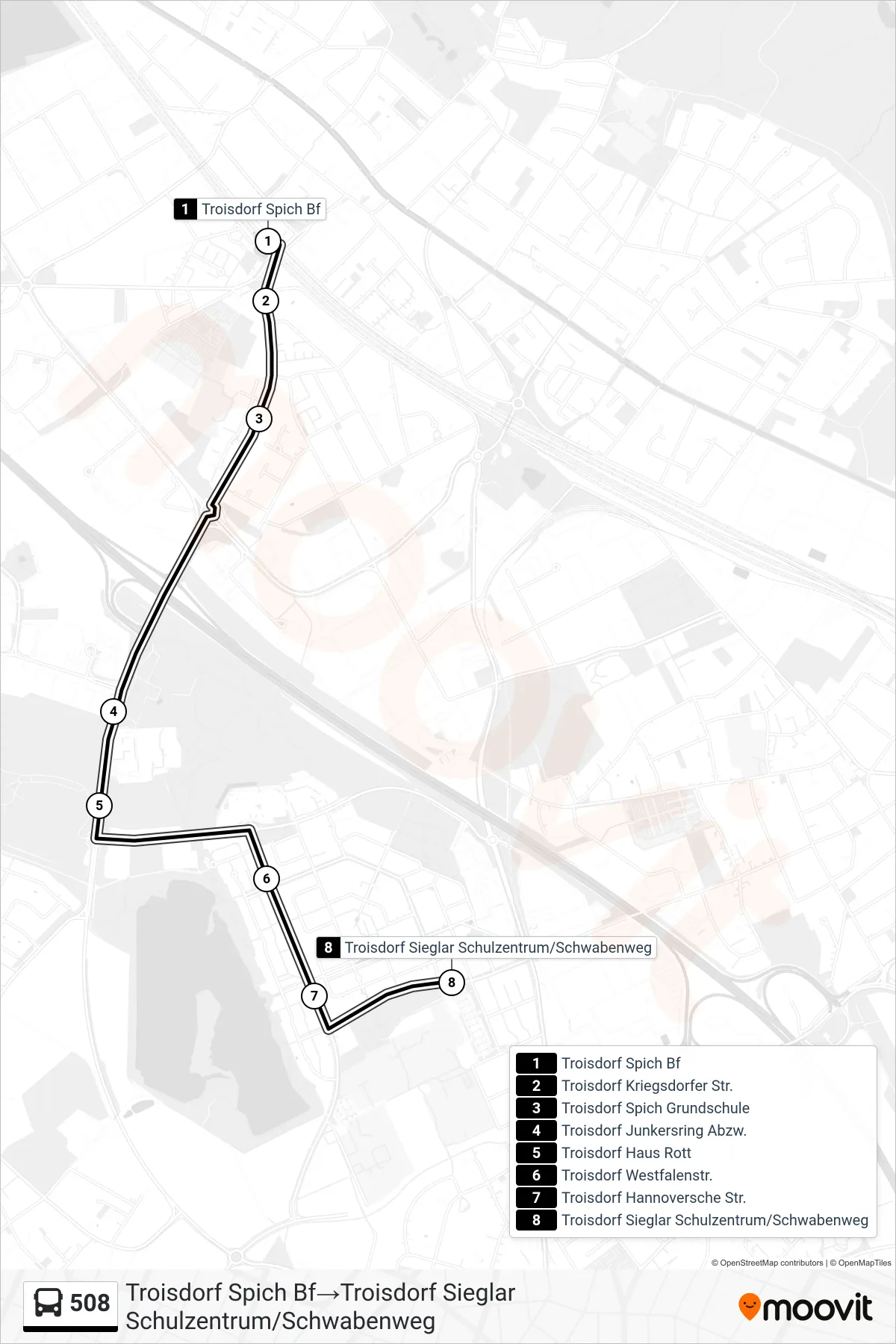 Linie 508 (Bus) Richtung Troisdorf Spich Bf→Troisdorf Sieglar Schulzentrum/Schwabenweg: Route und Haltestellen auf der Karte
