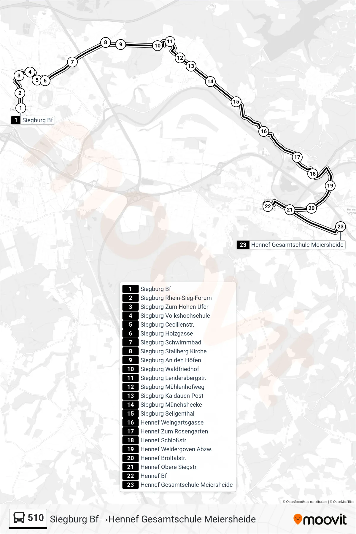 Linie 510 (Bus) Richtung Siegburg Bf‎→Hennef Gesamtschule Meiersheide: Route und Haltestellen auf der Karte