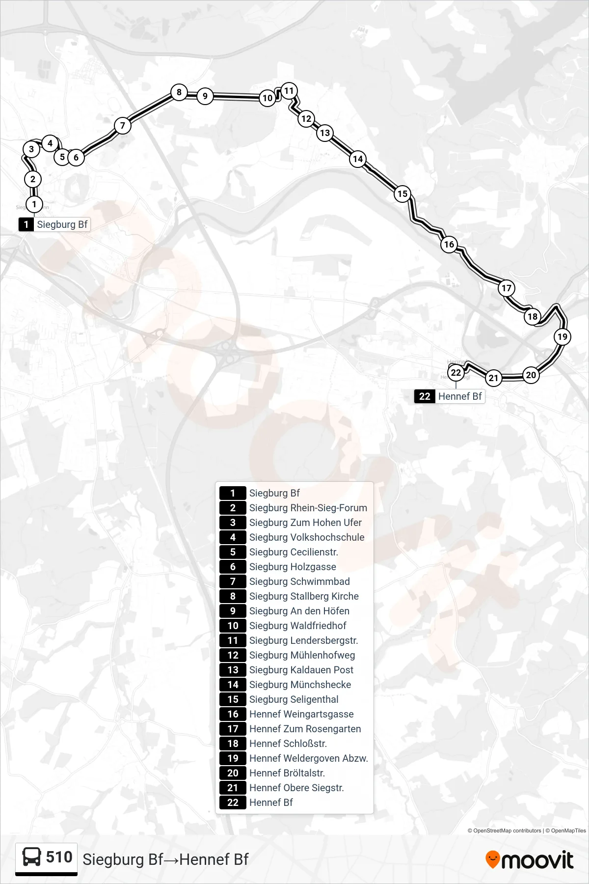 Linie 510 (Bus) Richtung Siegburg Bf‎→Hennef Bf: Route und Haltestellen auf der Karte