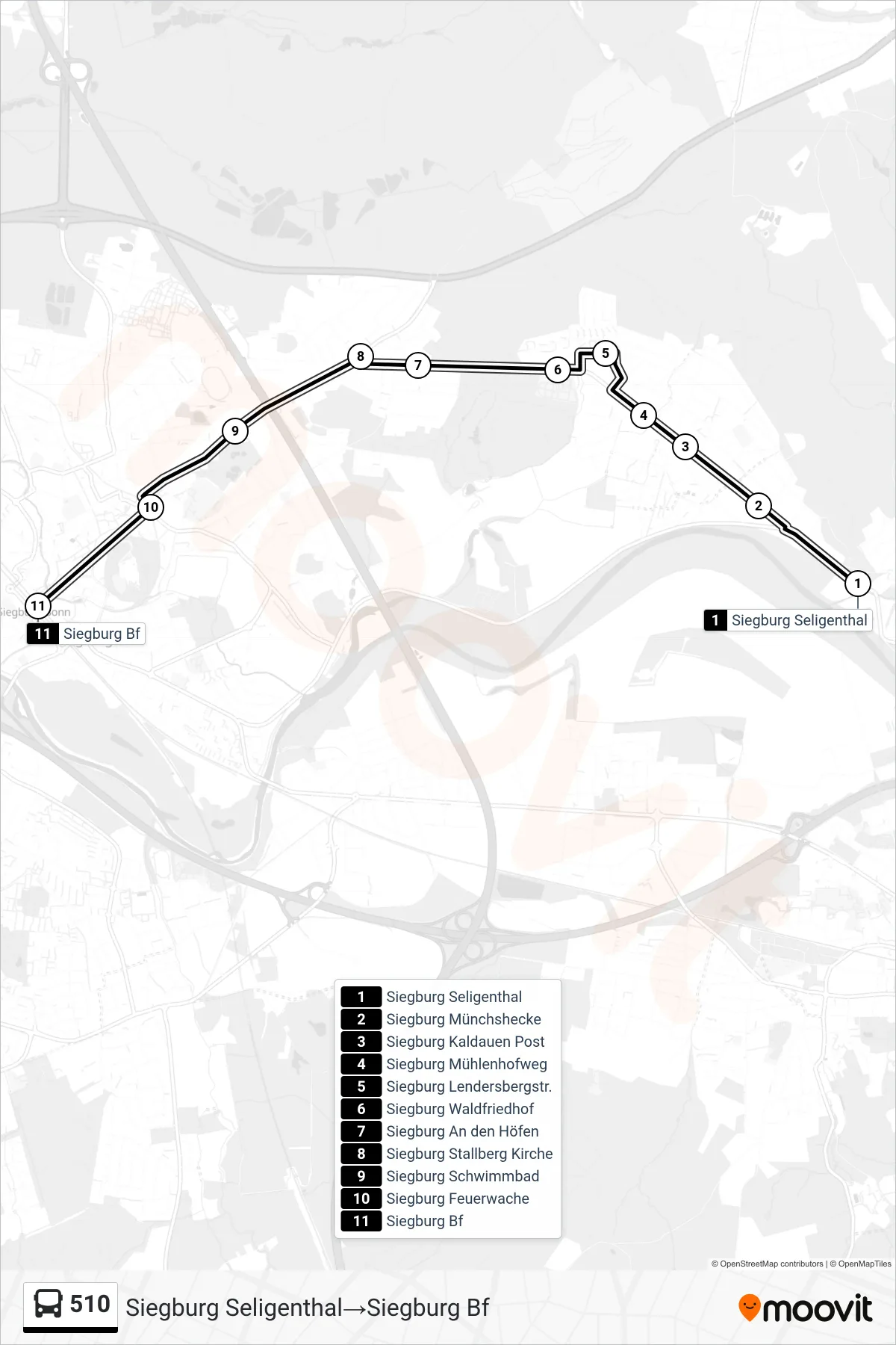 Linie 510 (Bus) Richtung Siegburg Seligenthal→Siegburg Bf: Route und Haltestellen auf der Karte