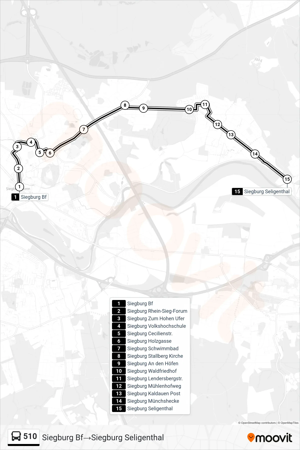 510 bus Line (Siegburg Bf‎→Siegburg Seligenthal) route and stops on a map
