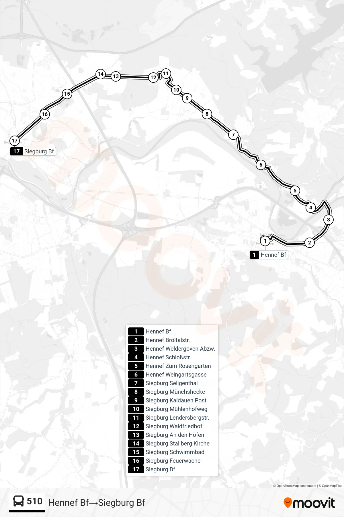 Linie 510 (Bus) Richtung Hennef Bf→Siegburg Bf: Route und Haltestellen auf der Karte