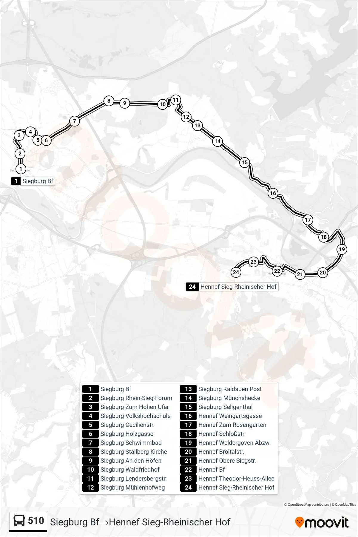 Linie 510 (Bus) Richtung Siegburg Bf→Hennef Sieg-Rheinischer Hof: Route und Haltestellen auf der Karte