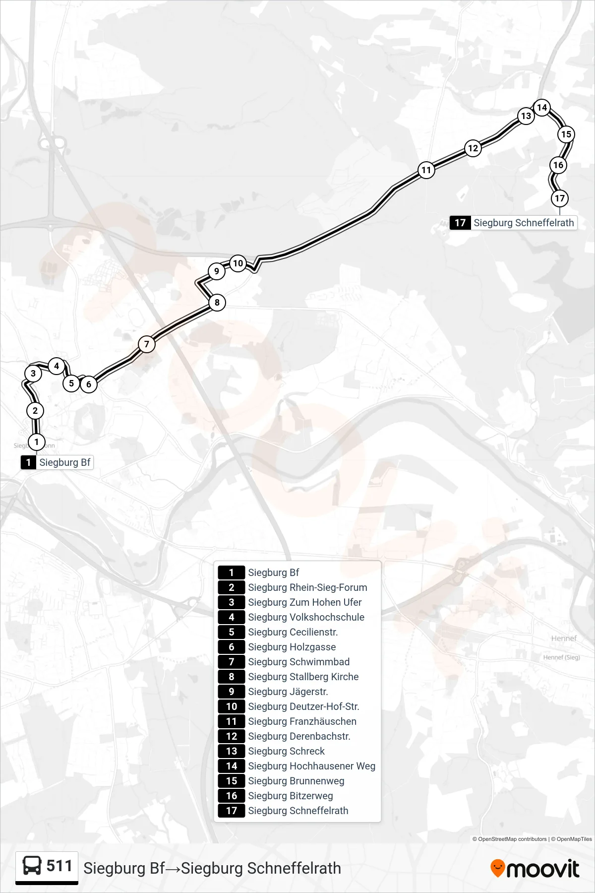 Linie 511 (Bus) Richtung Siegburg Bf→Siegburg Schneffelrath: Route und Haltestellen auf der Karte