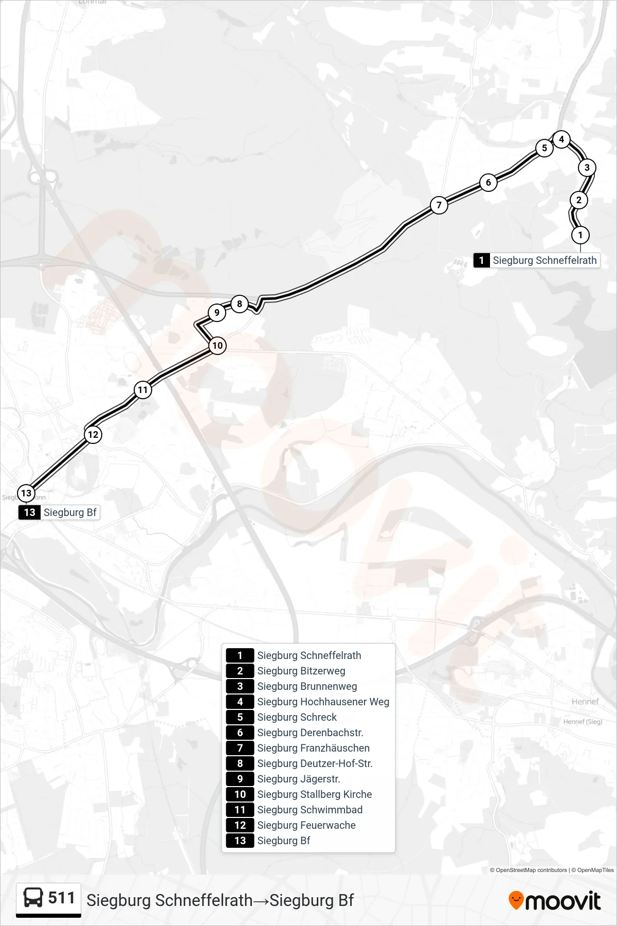 Linie 511 (Bus) Richtung Siegburg Schneffelrath→Siegburg Bf: Route und Haltestellen auf der Karte