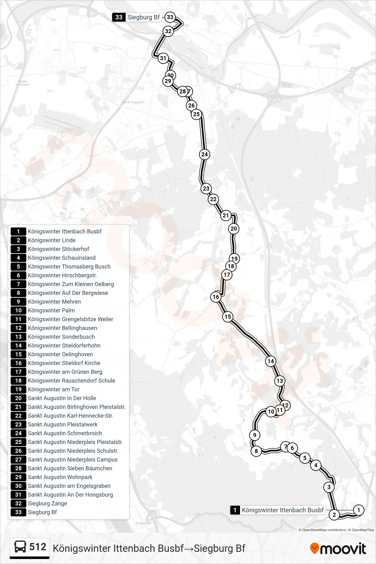 Linie 512 (Bus) Richtung Königswinter Ittenbach Busbf→Siegburg Bf: Route und Haltestellen auf der Karte
