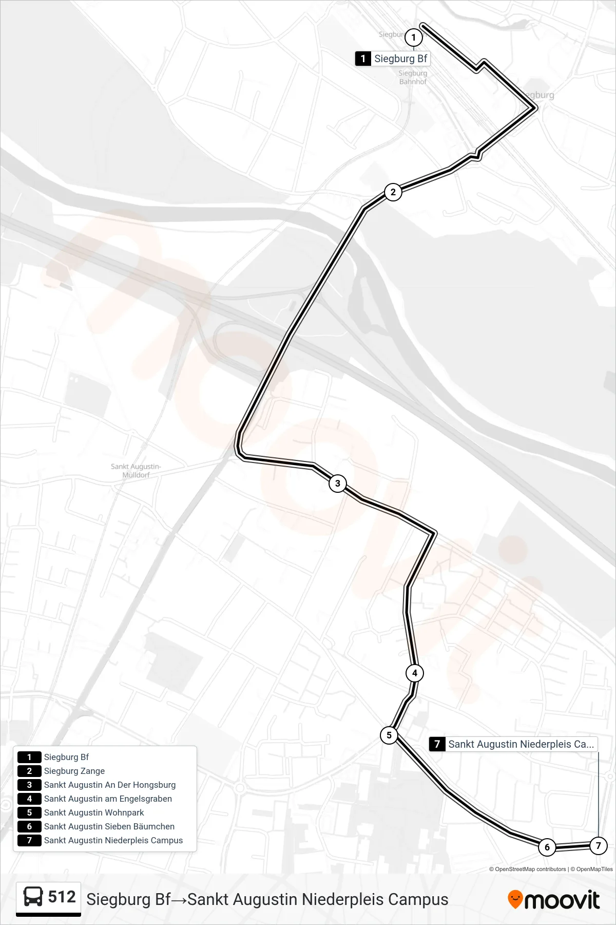 Linie 512 (Bus) Richtung Siegburg Bf→Sankt Augustin Niederpleis Campus: Route und Haltestellen auf der Karte