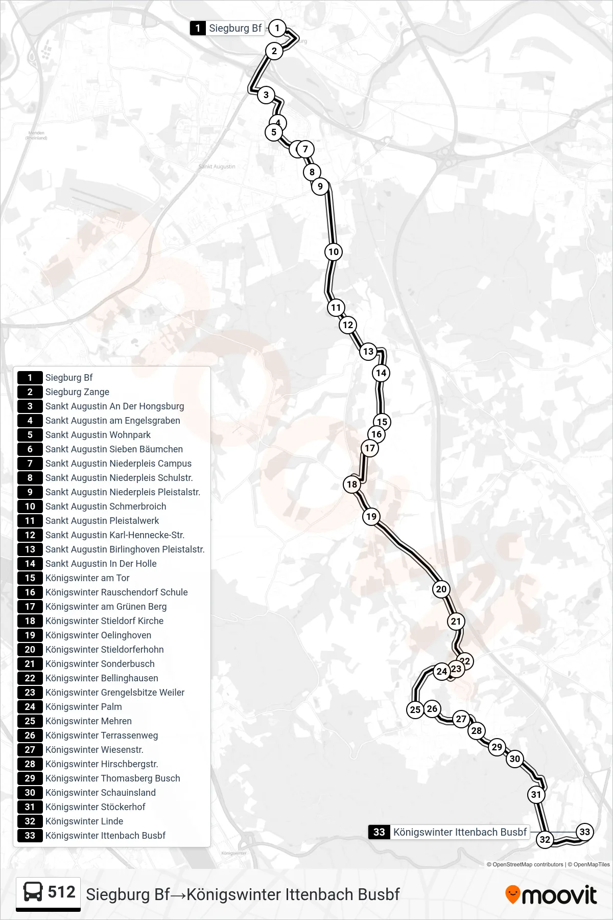Linie 512 (Bus) Richtung Siegburg Bf‎→Königswinter Ittenbach Busbf: Route und Haltestellen auf der Karte