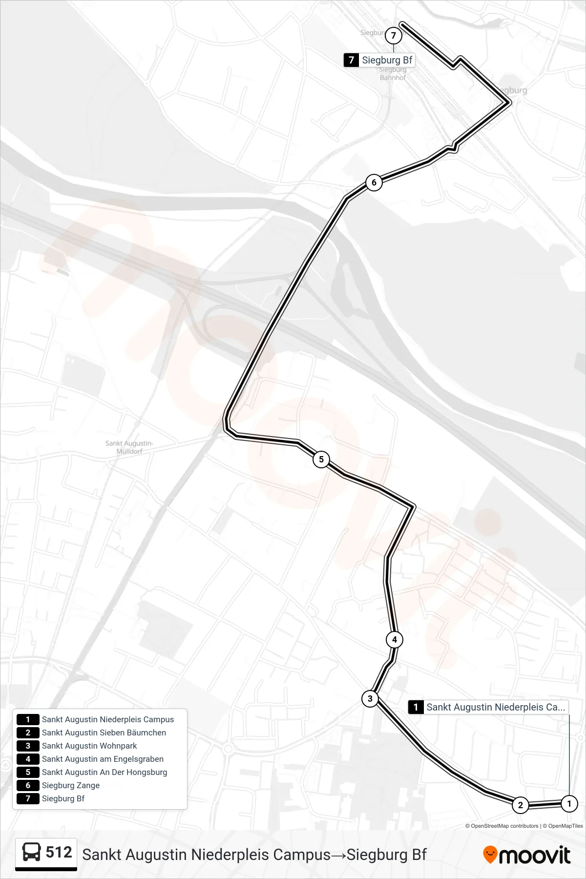 512 bus Line (Sankt Augustin Niederpleis Campus→Siegburg Bf) route and stops on a map