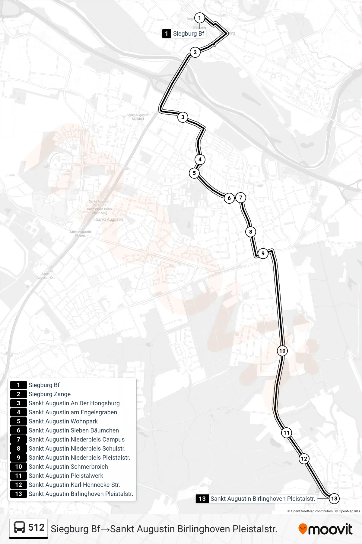 Linie 512 (Bus) Richtung Siegburg Bf→Sankt Augustin Birlinghoven Pleistalstr.: Route und Haltestellen auf der Karte