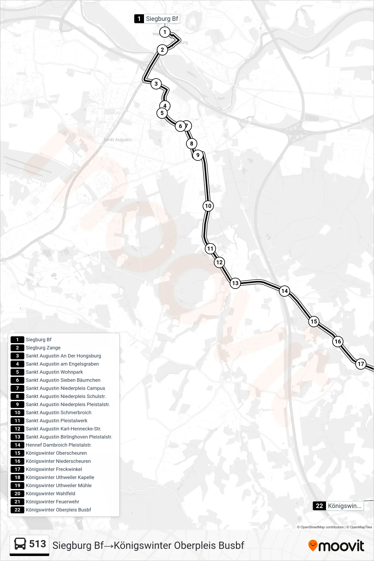 513 bus Line (Siegburg Bf→Königswinter Oberpleis Busbf) route and stops on a map