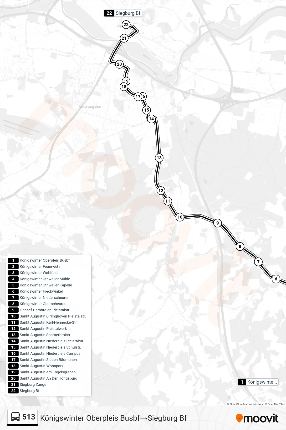 513 bus Line (Königswinter Oberpleis Busbf→Siegburg Bf) route and stops on a map