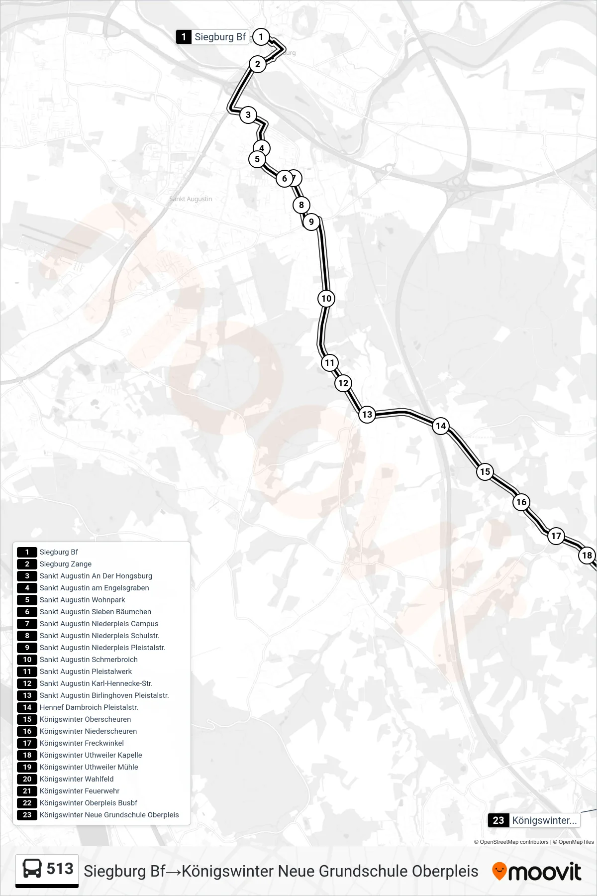 513 bus Line (Siegburg Bf‎→Königswinter Neue Grundschule Oberpleis) route and stops on a map