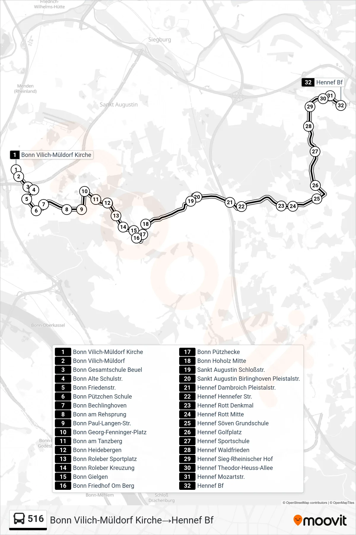 Linie 516 (Bus) Richtung Bonn Vilich-Müldorf Kirche→Hennef Bf: Route und Haltestellen auf der Karte