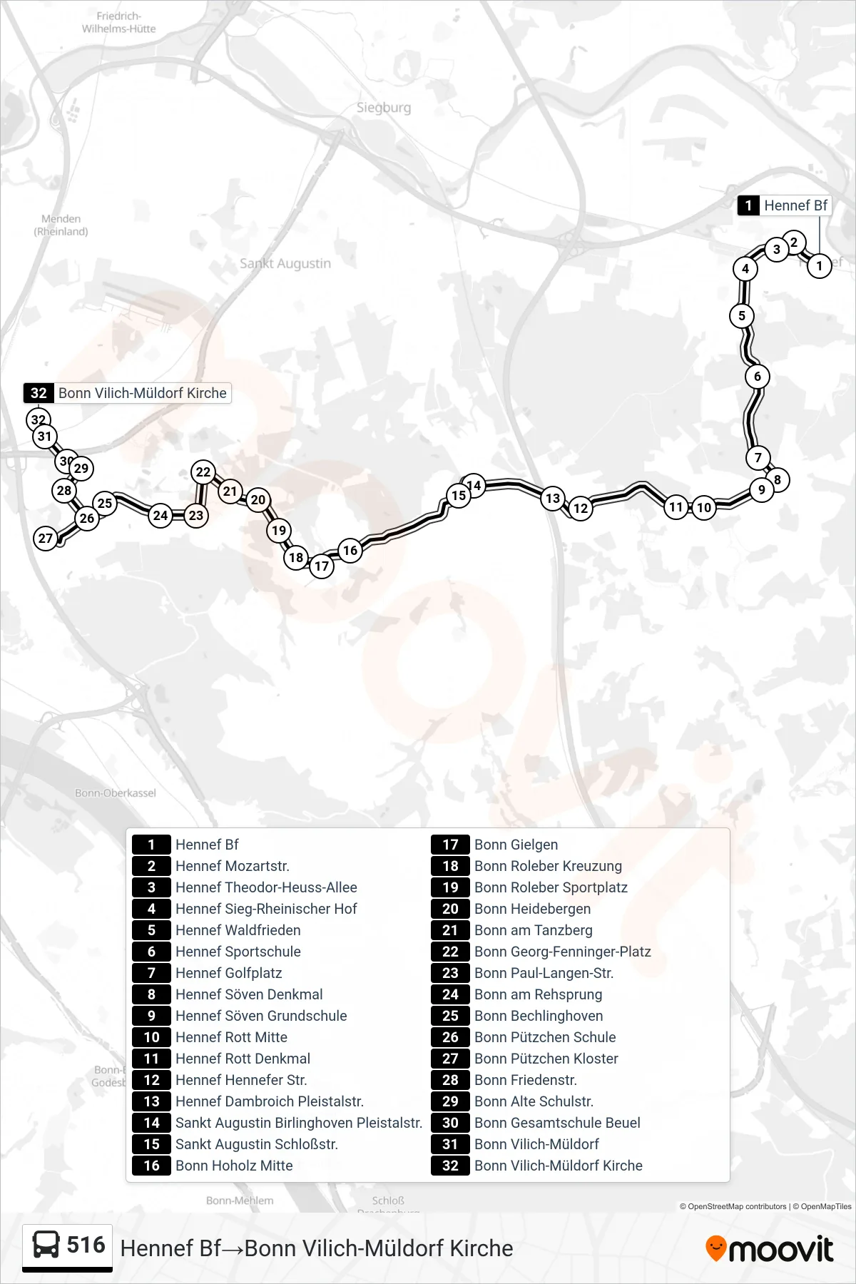 Linie 516 (Bus) Richtung Hennef Bf→Bonn Vilich-Müldorf Kirche: Route und Haltestellen auf der Karte