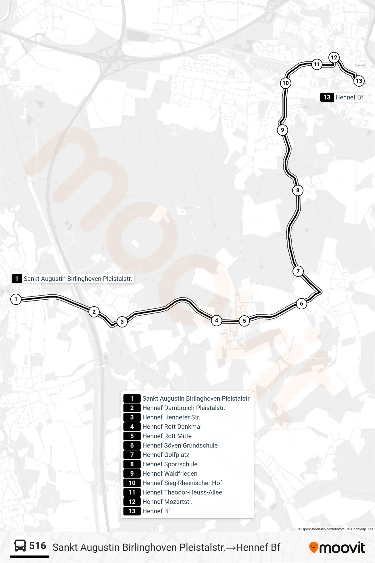 Linie 516 (Bus) Richtung Sankt Augustin Birlinghoven Pleistalstr.→Hennef Bf: Route und Haltestellen auf der Karte