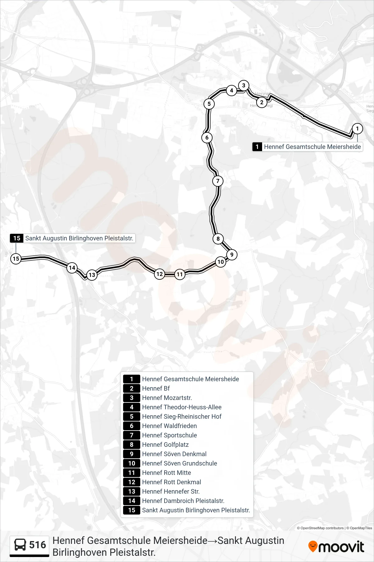 516 bus Line (Hennef Gesamtschule Meiersheide‎→Sankt Augustin Birlinghoven Pleistalstr.) route and stops on a map