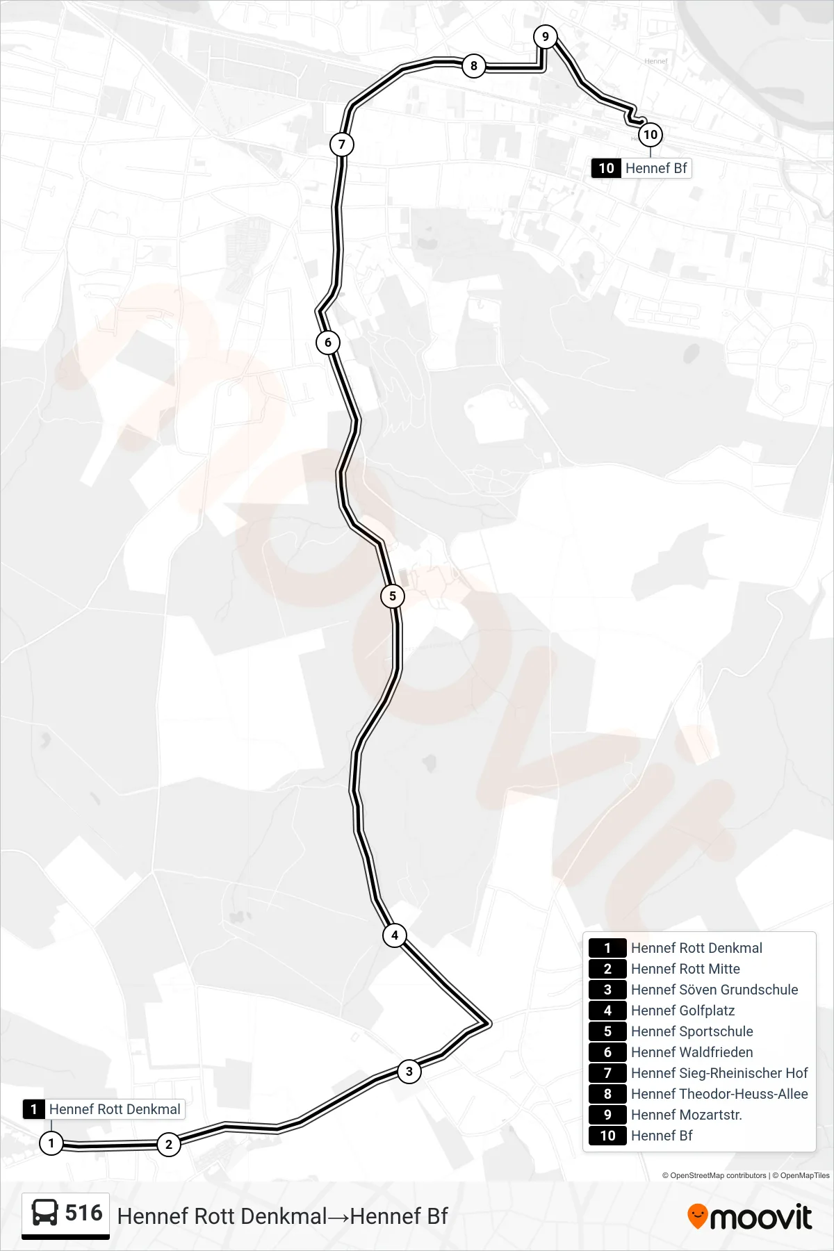 Linie 516 (Bus) Richtung Hennef Rott Denkmal→Hennef Bf: Route und Haltestellen auf der Karte