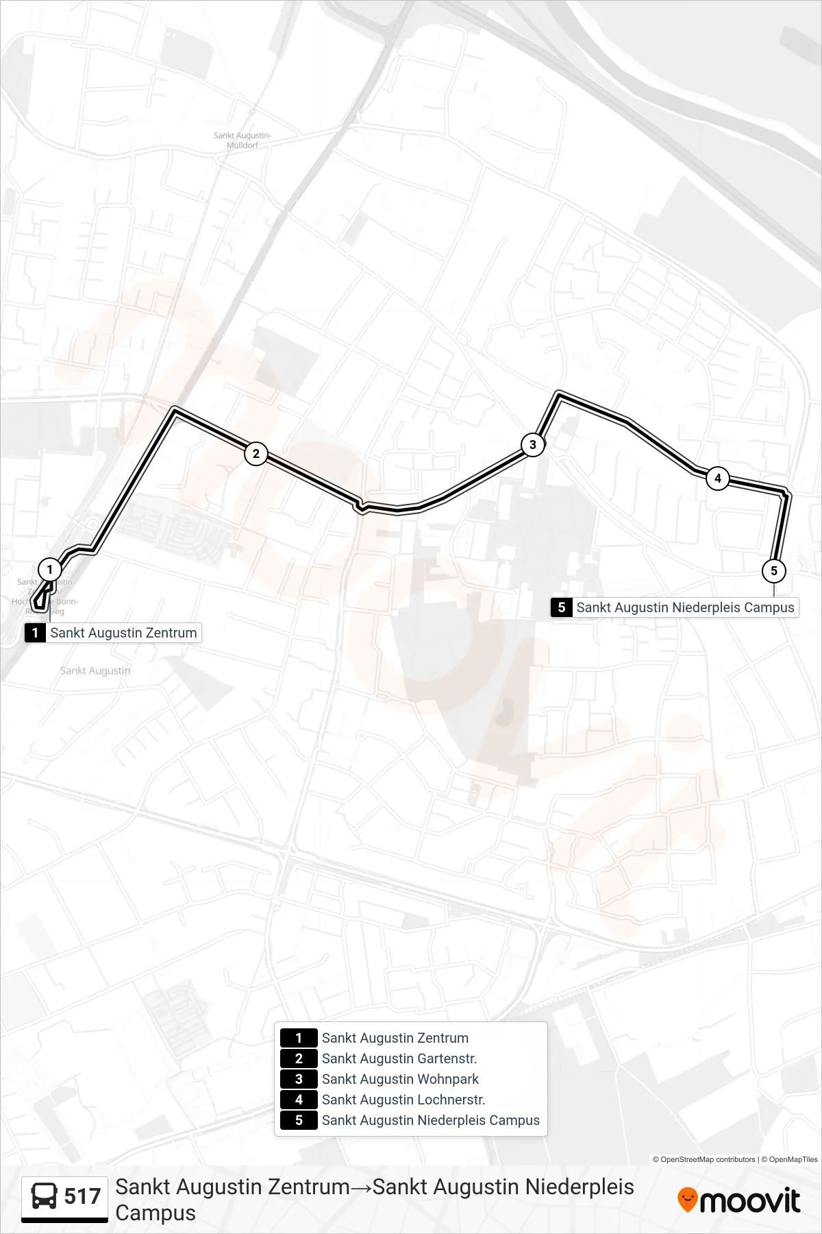 Linie 517 (Bus) Richtung Sankt Augustin Zentrum‎→Sankt Augustin Niederpleis Campus: Route und Haltestellen auf der Karte
