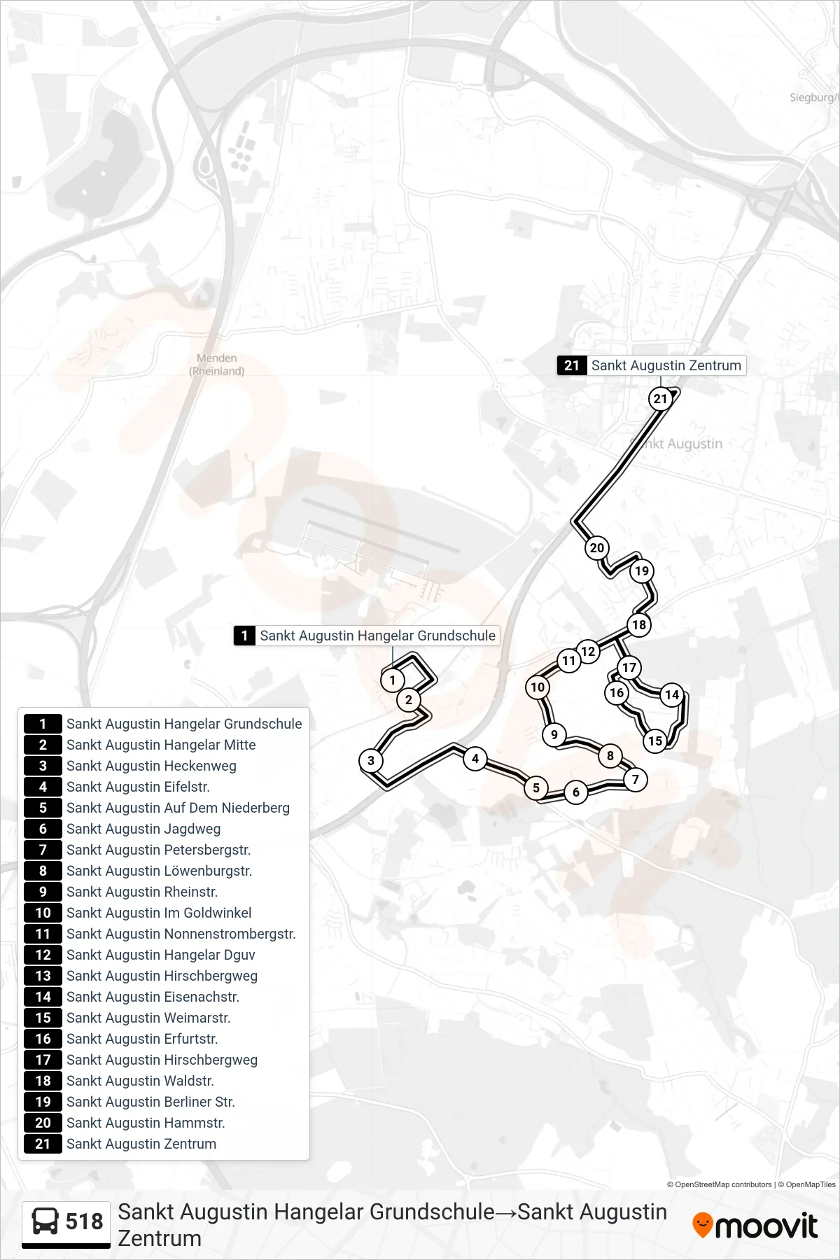 518 bus Line (Sankt Augustin Hangelar Grundschule‎→Sankt Augustin Zentrum) route and stops on a map
