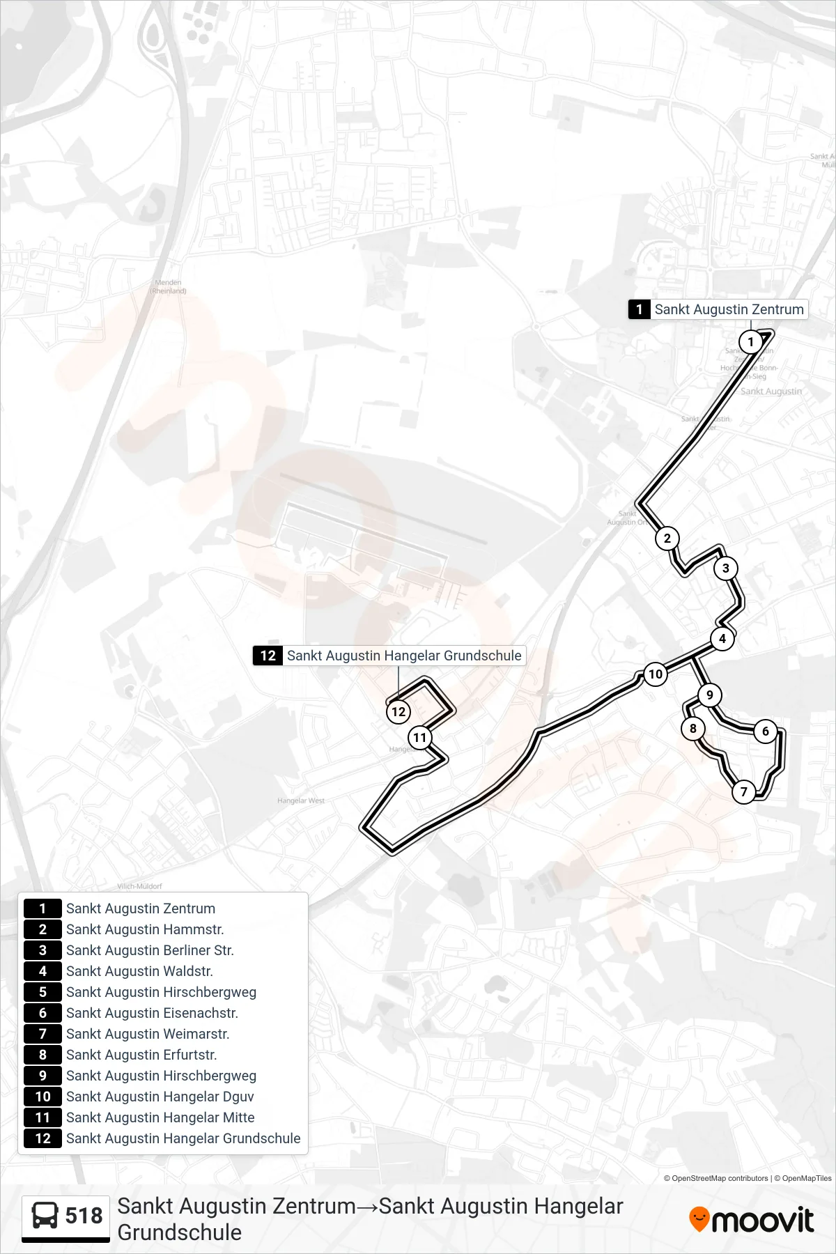 518 bus Line (Sankt Augustin Zentrum→Sankt Augustin Hangelar Grundschule) route and stops on a map