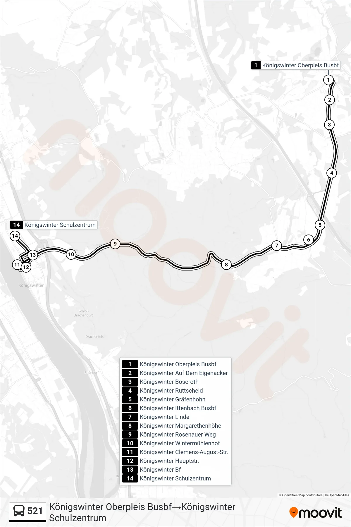 Linie 521 (Bus) Richtung Königswinter Oberpleis Busbf→Königswinter Schulzentrum: Route und Haltestellen auf der Karte