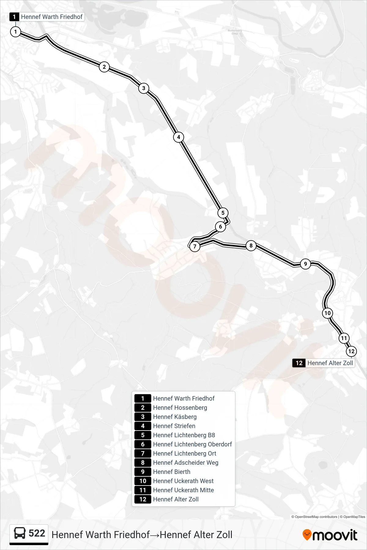 Linie 522 (Bus) Richtung Hennef Warth Friedhof→Hennef Alter Zoll: Route und Haltestellen auf der Karte