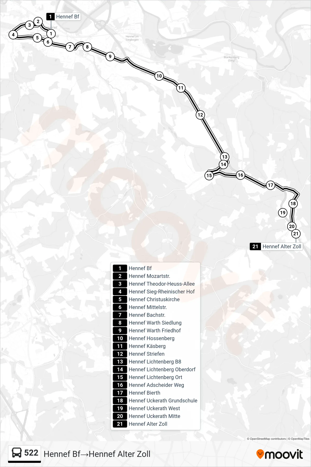 Linie 522 (Bus) Richtung Hennef Bf→Hennef Alter Zoll: Route und Haltestellen auf der Karte