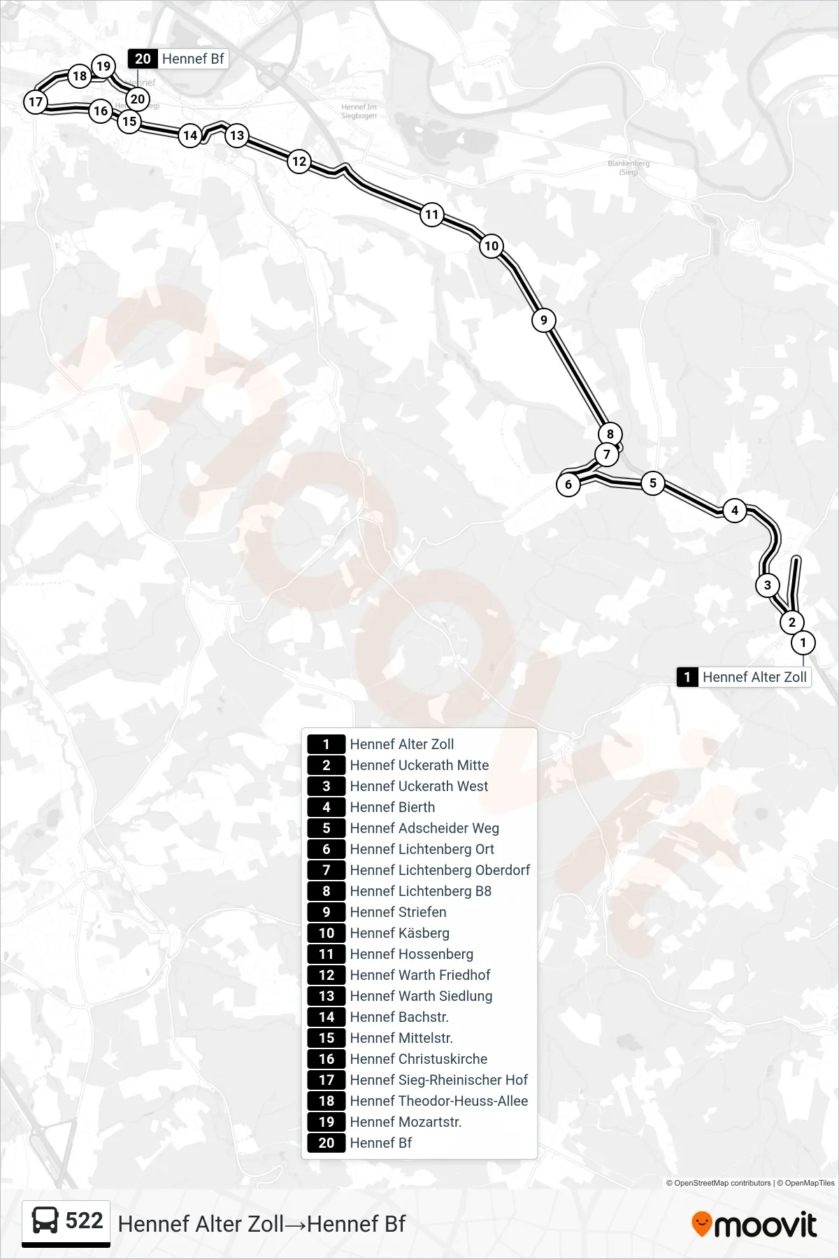 Linie 522 (Bus) Richtung Hennef Alter Zoll→Hennef Bf: Route und Haltestellen auf der Karte