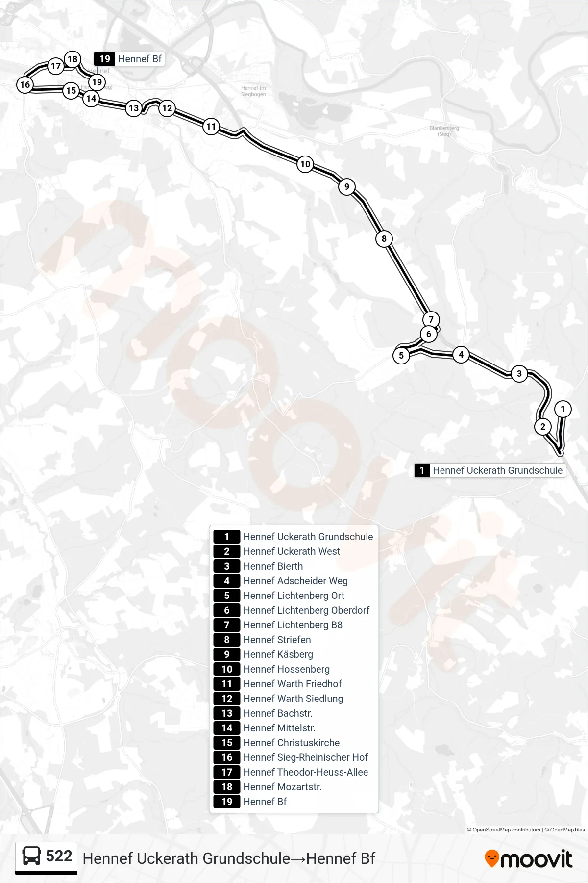 Linie 522 (Bus) Richtung Hennef Uckerath Grundschule→Hennef Bf: Route und Haltestellen auf der Karte