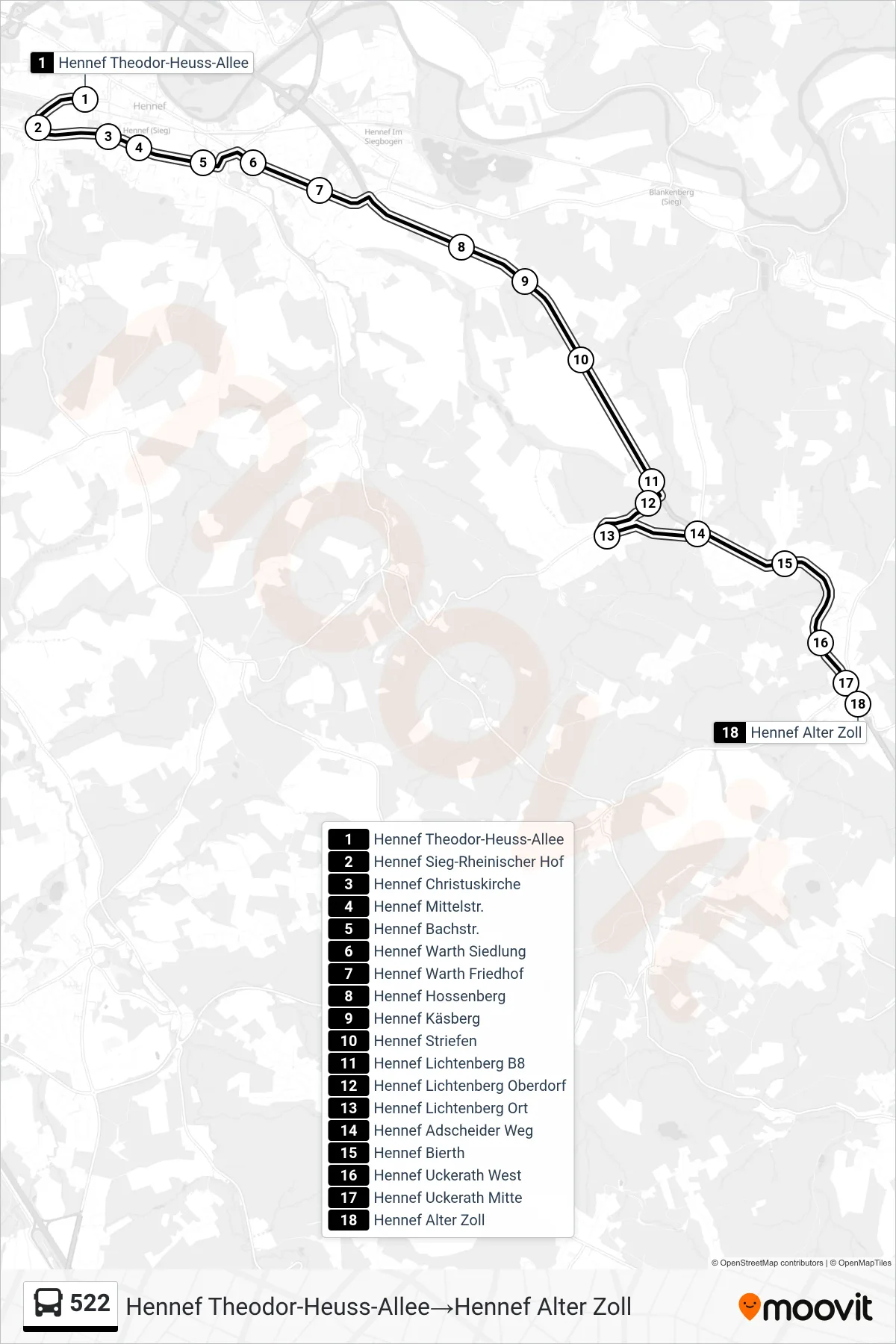 Linie 522 (Bus) Richtung Hennef Theodor-Heuss-Allee→Hennef Alter Zoll: Route und Haltestellen auf der Karte