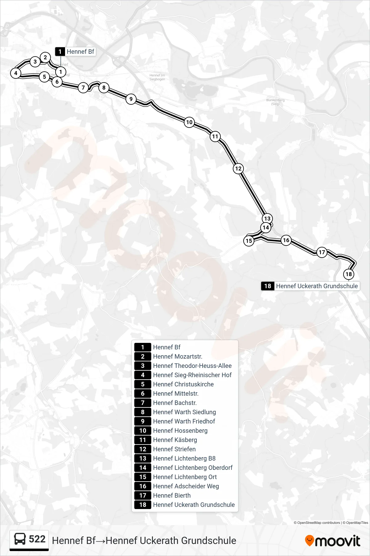 Linie 522 (Bus) Richtung Hennef Bf→Hennef Uckerath Grundschule: Route und Haltestellen auf der Karte