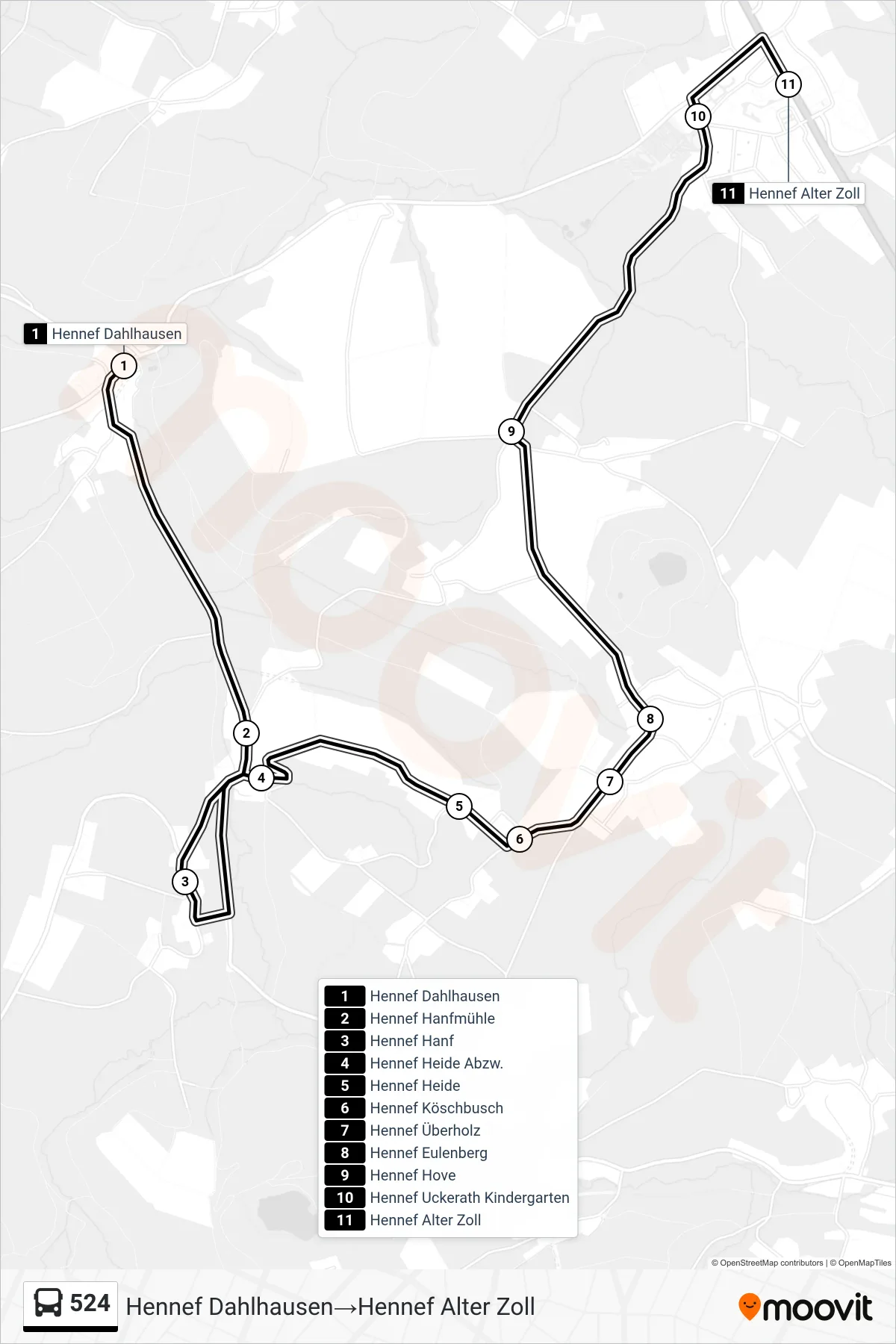 Linie 524 (Bus) Richtung Hennef Dahlhausen‎→Hennef Alter Zoll: Route und Haltestellen auf der Karte