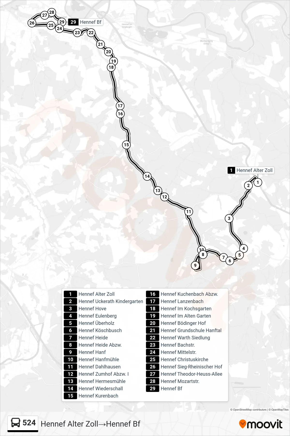 Linie 524 (Bus) Richtung Hennef Alter Zoll→Hennef Bf: Route und Haltestellen auf der Karte