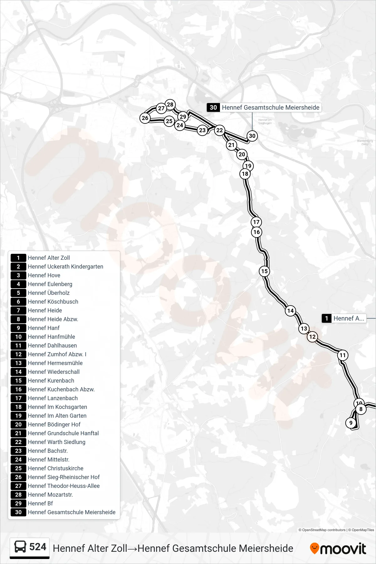 Linie 524 (Bus) Richtung Hennef Alter Zoll→Hennef Gesamtschule Meiersheide: Route und Haltestellen auf der Karte