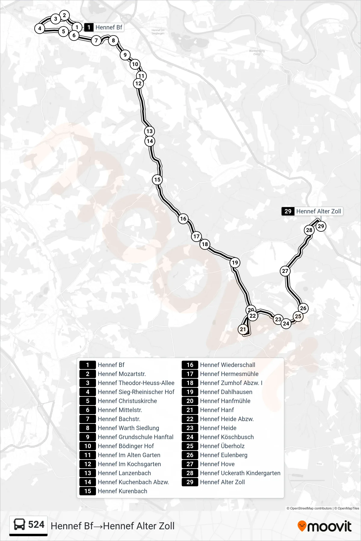 Linie 524 (Bus) Richtung Hennef Bf→Hennef Alter Zoll: Route und Haltestellen auf der Karte