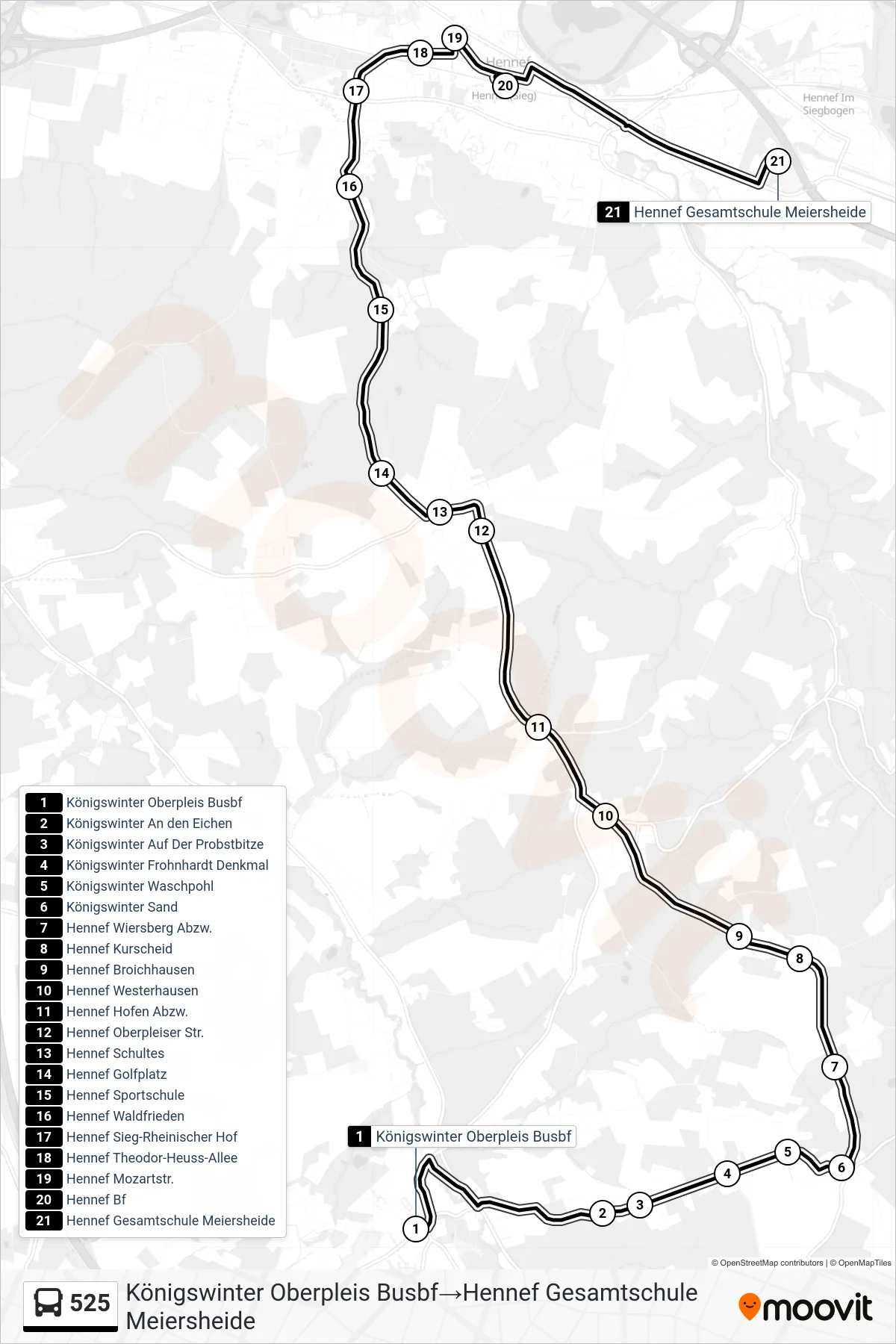 Linie 525 (Bus) Richtung Königswinter Oberpleis Busbf‎→Hennef Gesamtschule Meiersheide: Route und Haltestellen auf der Karte