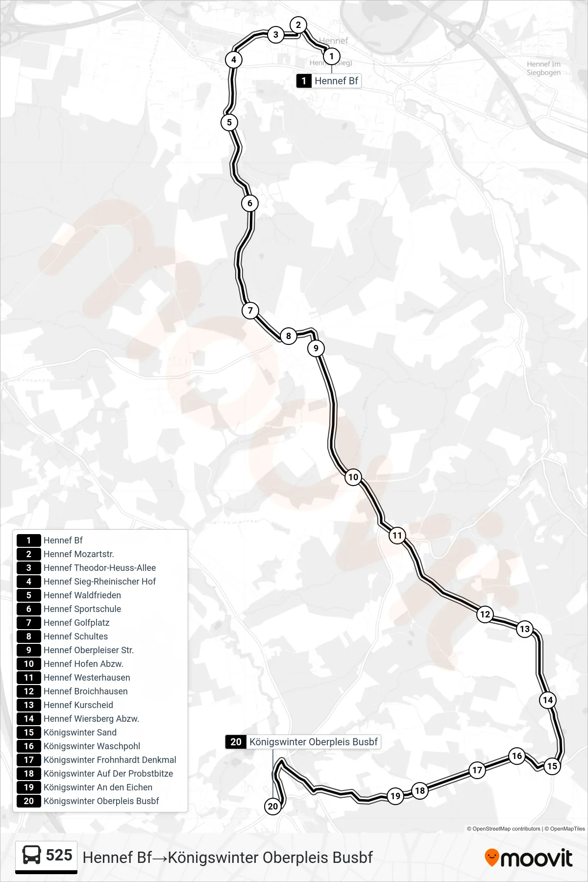 Linie 525 (Bus) Richtung Hennef Bf→Königswinter Oberpleis Busbf: Route und Haltestellen auf der Karte