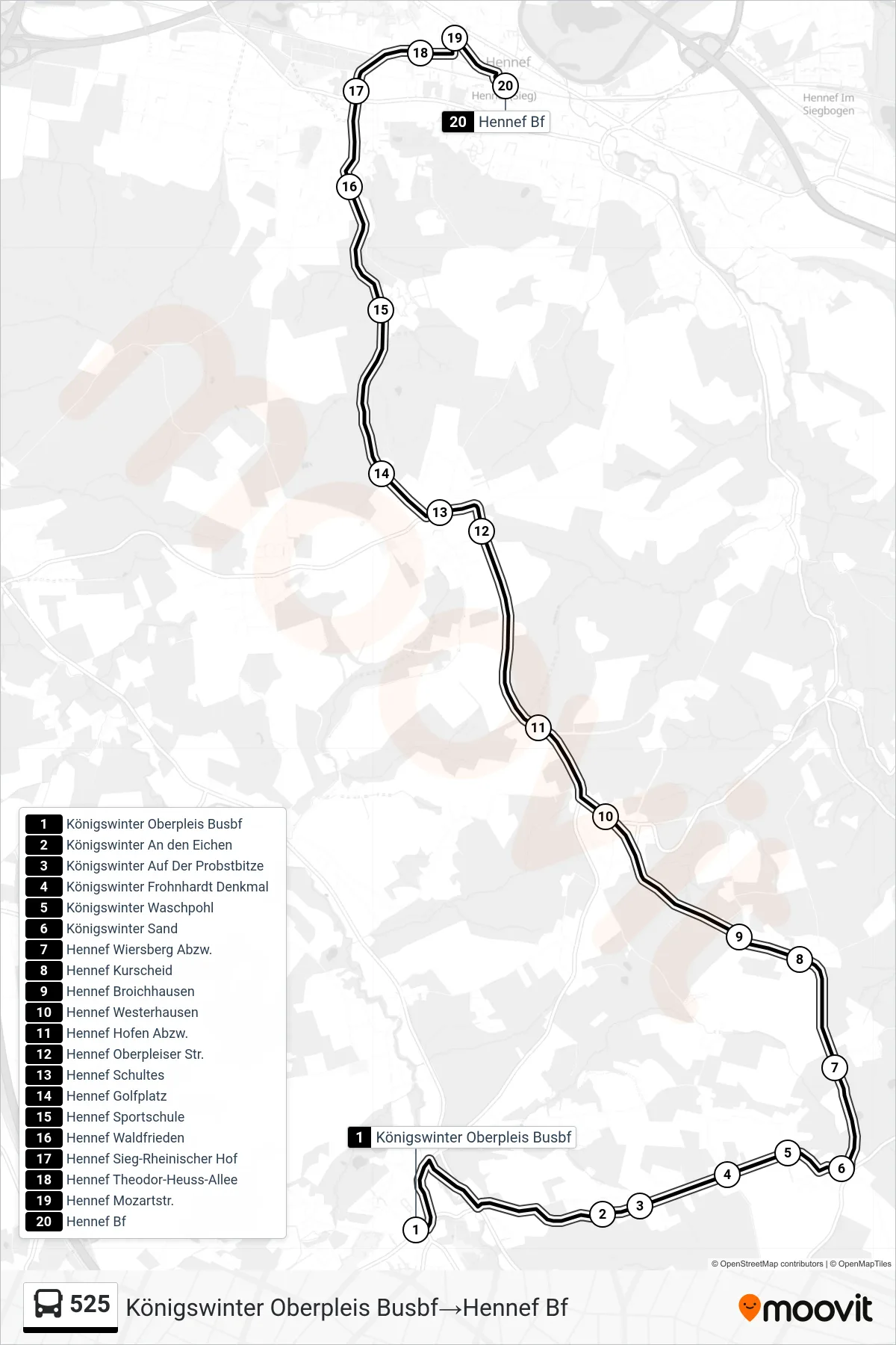 Linie 525 (Bus) Richtung Königswinter Oberpleis Busbf‎→Hennef Bf: Route und Haltestellen auf der Karte