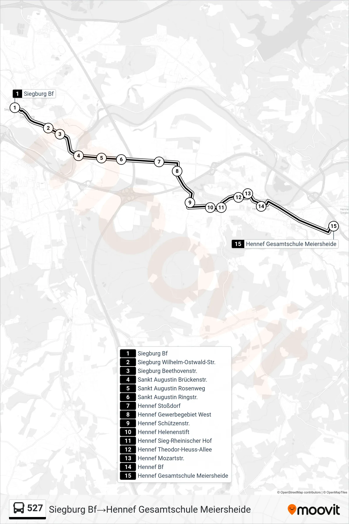 527 bus Line (Siegburg Bf→Hennef Gesamtschule Meiersheide) route and stops on a map