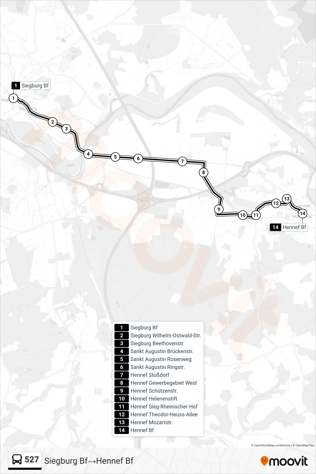 Linie 527 (Bus) Richtung Siegburg Bf→Hennef Bf: Route und Haltestellen auf der Karte