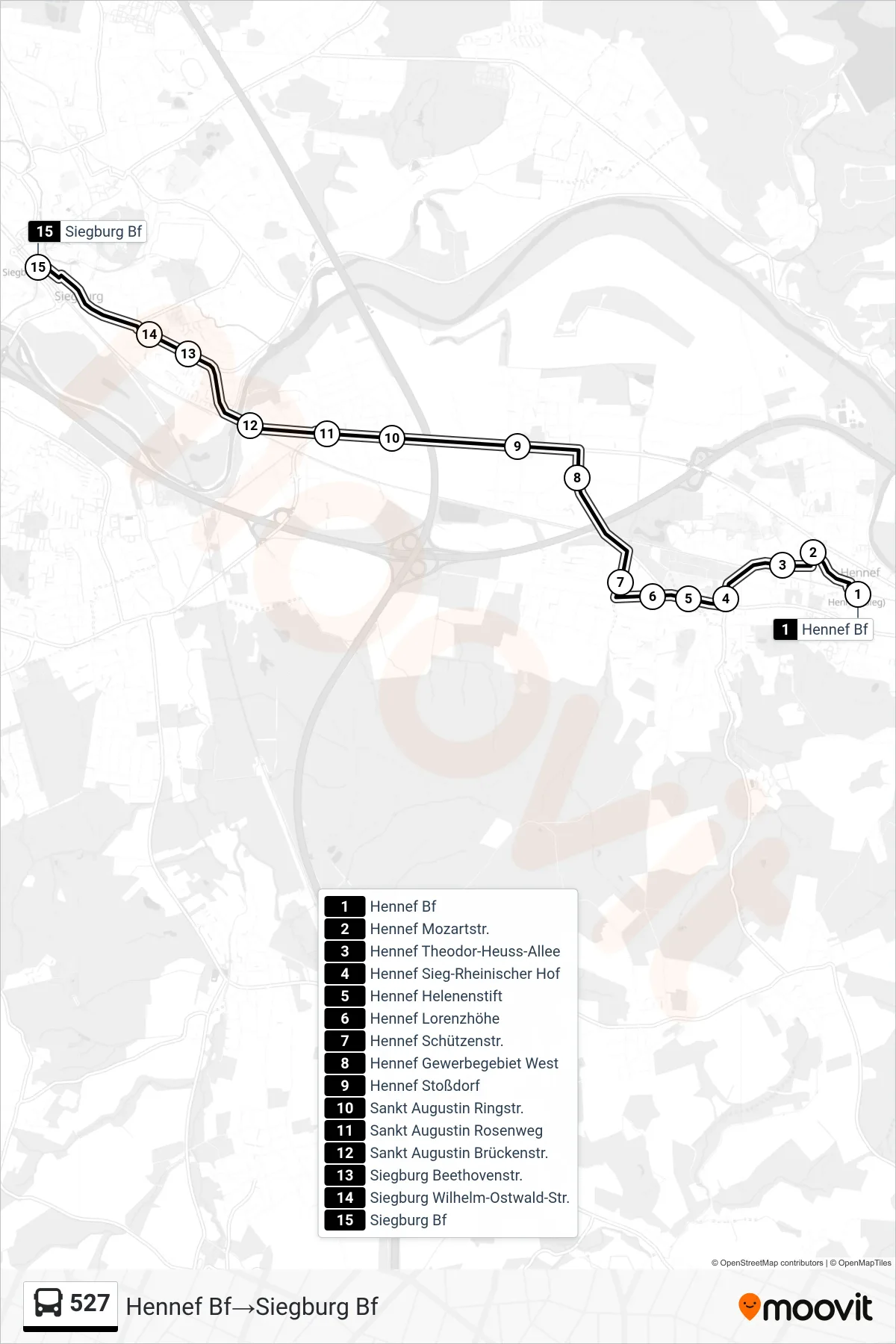 Linie 527 (Bus) Richtung Hennef Bf→Siegburg Bf: Route und Haltestellen auf der Karte